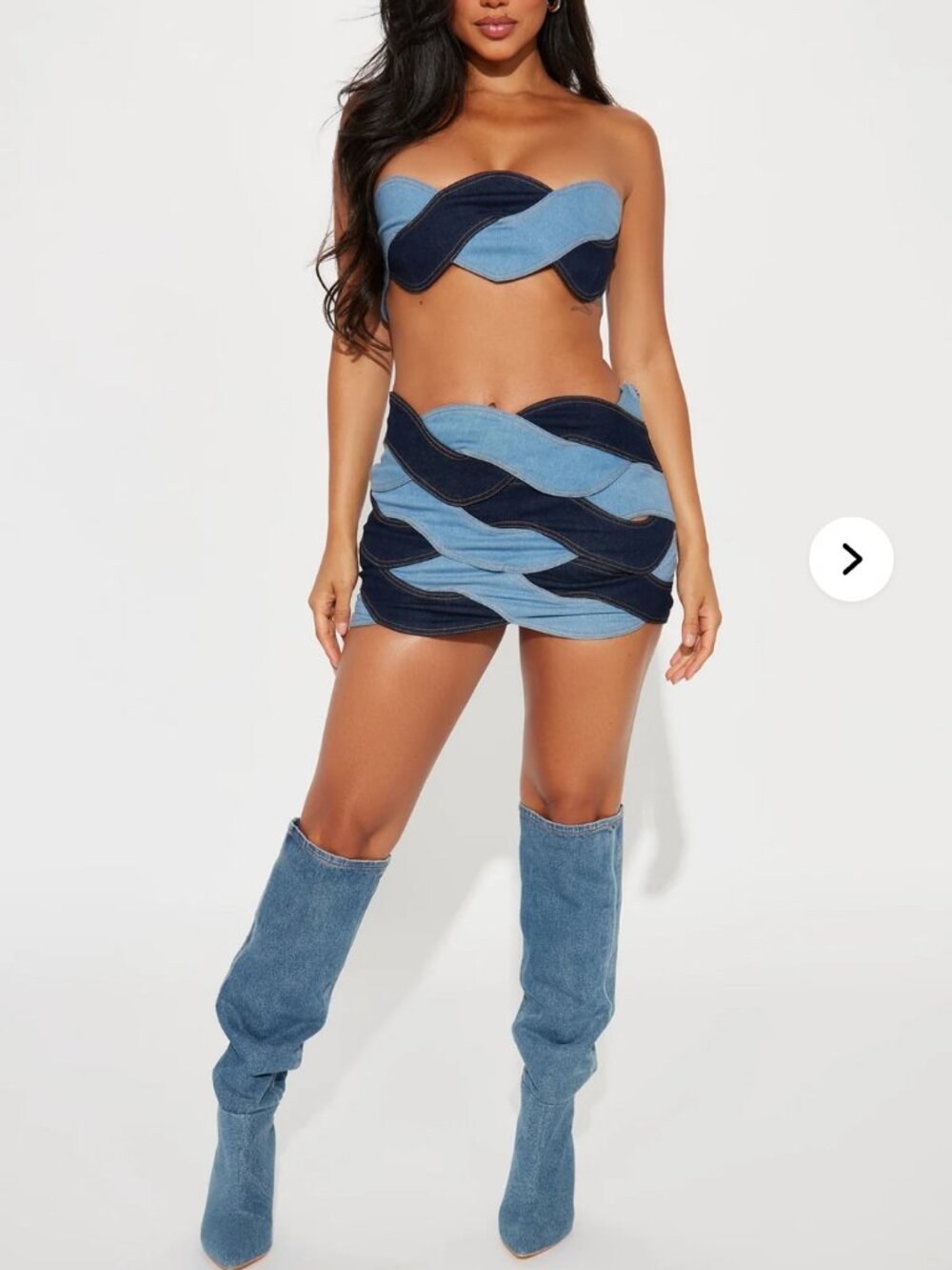 New w/ tags: 2-piece, two tone, criss cross denim skirt set, women size S
